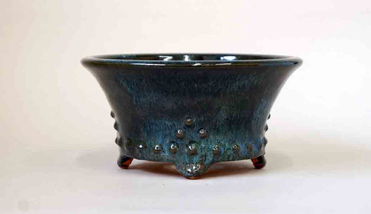 Round Pot in Rivet Design, Running Oribe Glaze by Shuuhou 6"(15.5cm) S533+++Shipping Free