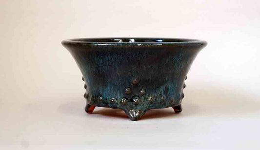 Round Pot in Rivet Design, Running Oribe Glaze by Shuuhou 6"(15.5cm) S533+++Shipping Free