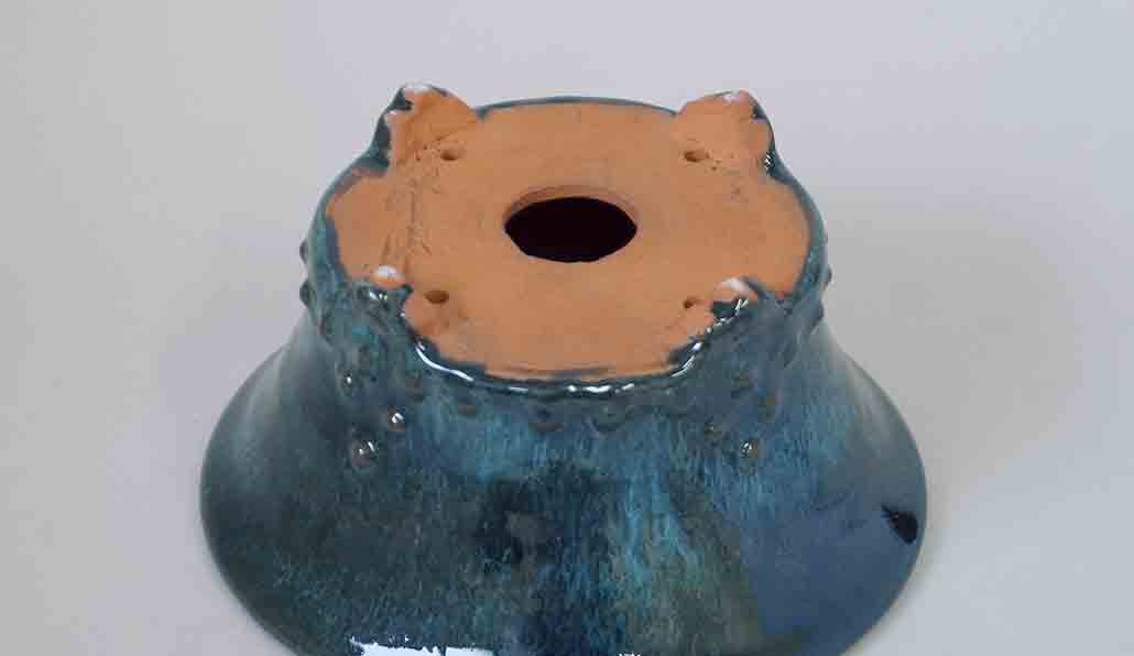 Round Pot in Rivet Design, Running Oribe Glaze by Shuuhou 6"(15.5cm) S533+++Shipping Free