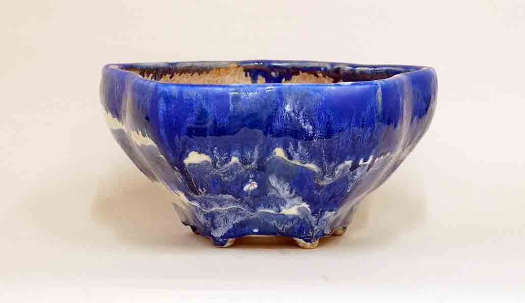 Running White & Blue Glazed Bonsai Pot with bellflower Design 9"(23cm)