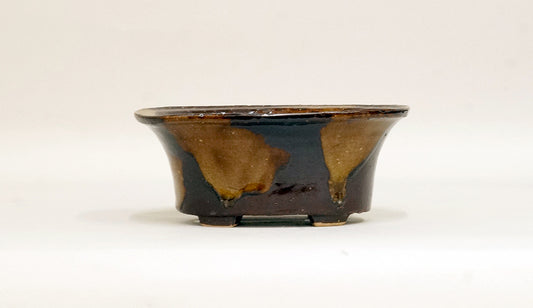 Shuuhou Oval Deep Bonsai Pot with Brown & Yellow Glaze 5.9"(15cm) +++
