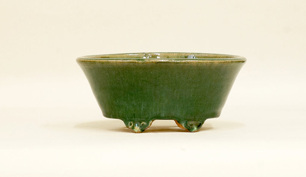 Shuuhou Oval Bonsai Pot with Oribe Glaze 6"(15.5cm) +++ Shipping Free