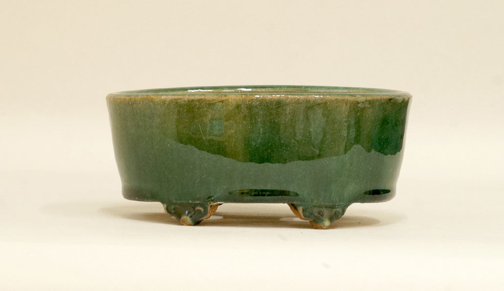Shuuhou Oval Deep Bonsai Pot in Oribe Glaze 5.9"(15cm) +++ Shipping Free