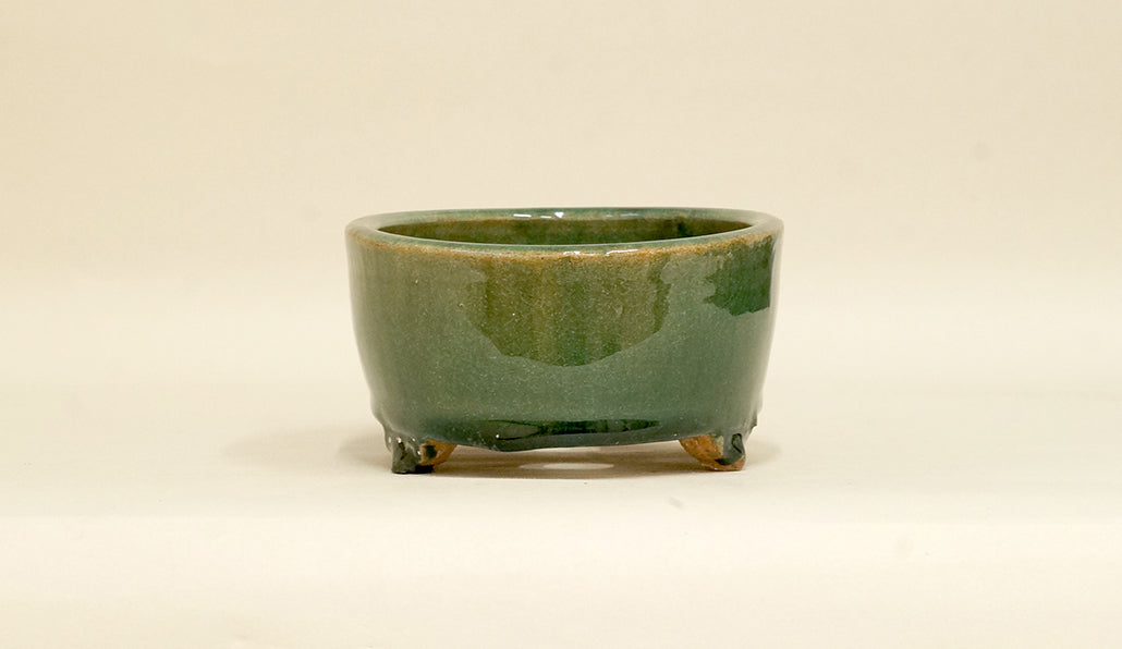 Shuuhou Oval Deep Bonsai Pot in Oribe Glaze 5.9"(15cm) +++ Shipping Free