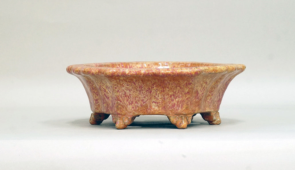 Octagonal Bonsai Pot in Orange & Pink Glaze by Shuuhou 7.2"(18.5cm)+++ Shipping Free
