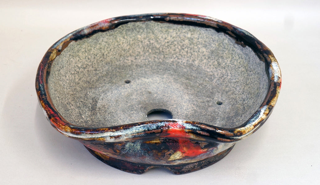 Round Bonsai Pot with Black, Red & White Pattern by Bunzan 10.4"(26.5cm) +++ Shipping Free