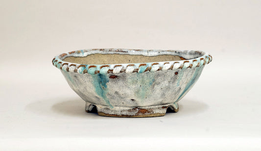 Running Blue over White Glaze! Bunzan Bosai Pot 7.5"(19.5cm) B063 +++ Shipping Free