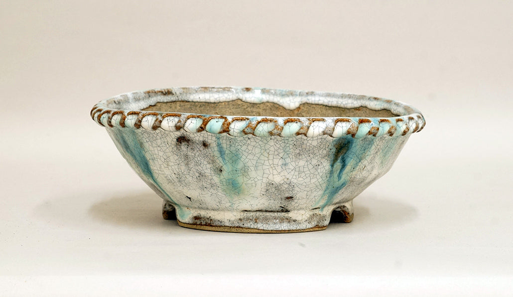 Running Blue over White Glaze! Bunzan Bosai Pot 7.5"(19.5cm) B063 +++ Shipping Free