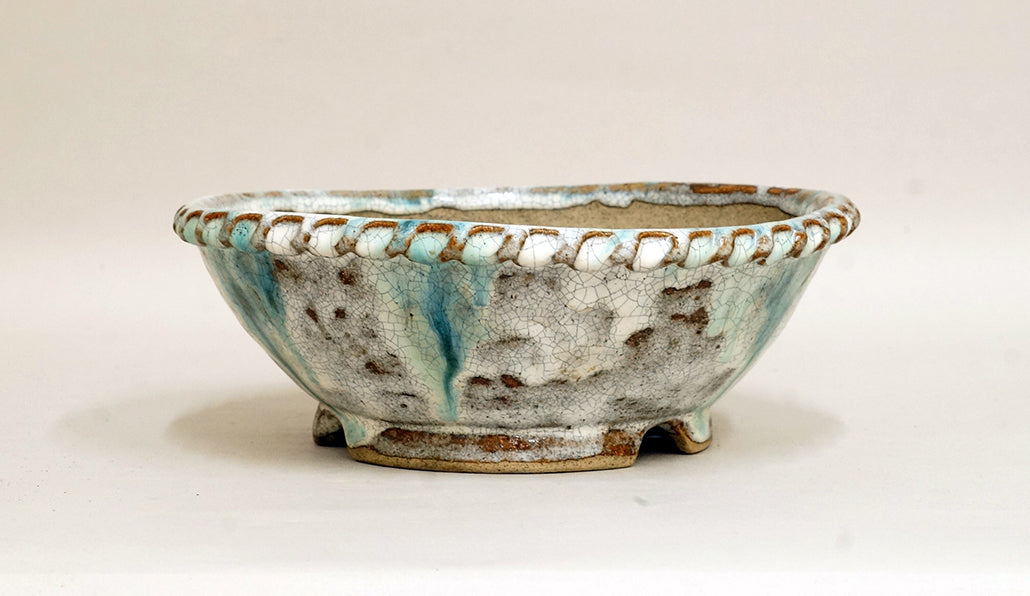 Running Blue over White Glaze! Bunzan Bosai Pot 7.5"(19.5cm) B063 +++ Shipping Free
