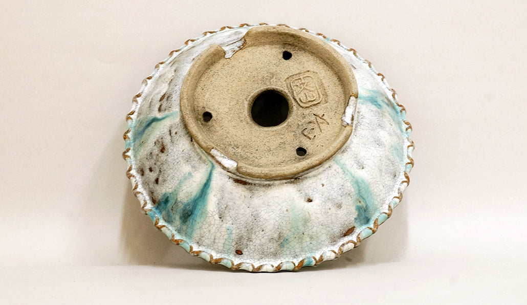 Running Blue over White Glaze! Bunzan Bosai Pot 7.5"(19.5cm) B063 +++ Shipping Free