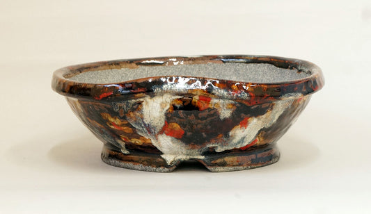 Brown Glazed Bonsai Pot with White & Red by Bunzan 10.2"(26cm) +++ Shipping Free