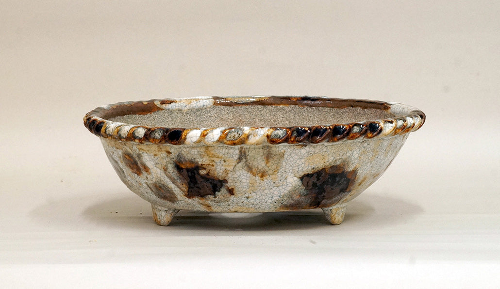 White & Brown Glazed Bonsai Pot by Bunzan 3.1"(26cm) B076 +++ Shipping Free