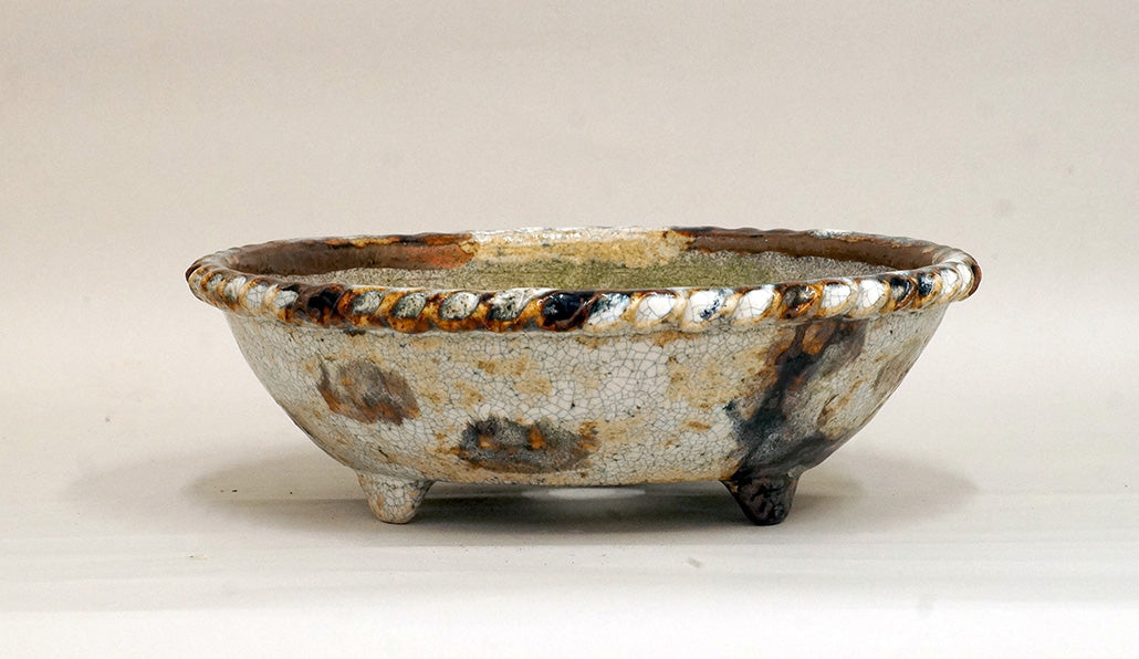 White & Brown Glazed Bonsai Pot by Bunzan 3.1"(26cm) B076 +++ Shipping Free