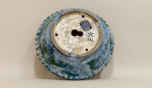 Bunzan Round Bonsai Pot with Green & White Glaze 8.7"(19.5cm) B082 +++ Shipping Free