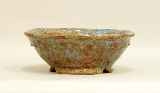 Bunzan Round Bonsai Pot with Light blue & Red Glaze 8.5"(21.5cm) B086 +++ Shipping Free
