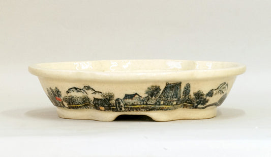 Bonsai Pot Featuring a Scene of a Historic Post Town by Bunzan 9.2"(23.3cm) B087