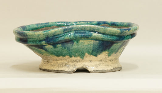 Slightly Flattened Round Pot with Green & Blue Glaze by Bunzan 10"(25.5cm) B088 +++ Shipping Free