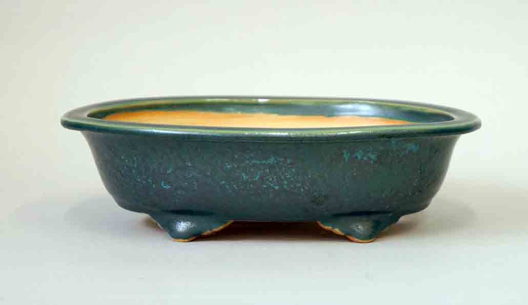 Eimei Bonsai Pot with Rim, Blue-Oribe Glaze 7.8"(20cm) +++Shipping Free