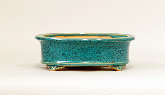 Eimei Blue Oribe Glazed Oval Bonsai Pot with Rim 7.1"(18cm) E623