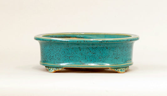 Eimei Blue Oribe Glazed Oval Bonsai Pot with Rim 7.1"(18cm) E623