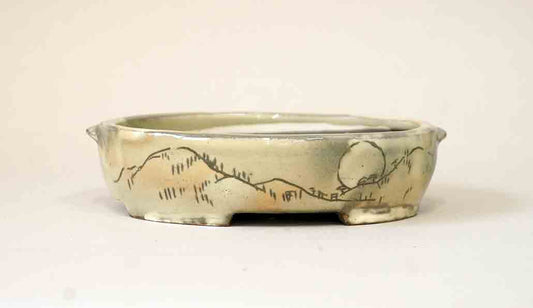 Gassan Oval Bonsai Pot with Kakiotoshi Painting 5.5"(14cm)+++Shipping Free