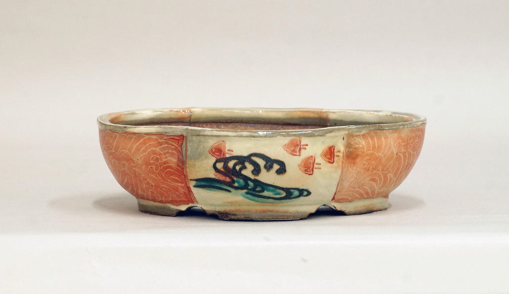 Chidori Flying! Gassan Mokko Shaped Bonsai Pot with the Red Painting 6.4"(16.5cm) G165 +++ Shippinng Free