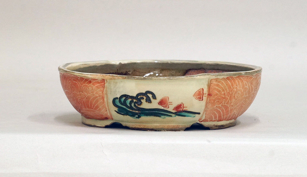 Chidori Flying! Gassan Mokko Shaped Bonsai Pot with the Red Painting 6.4"(16.5cm) G165 +++ Shippinng Free
