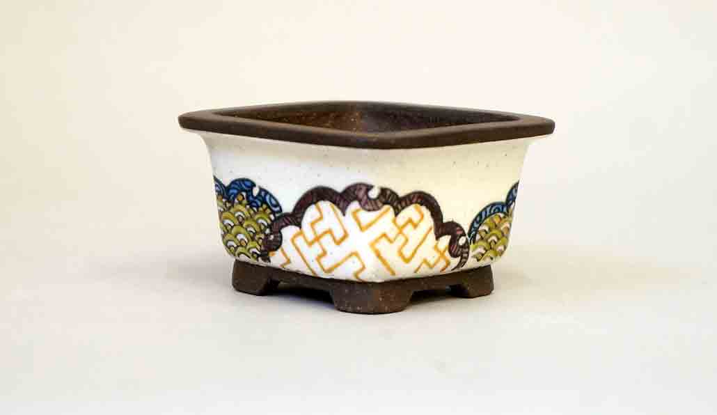 Ikko Square Bonsai Pot with the Painting of Japanese Traditional Pattern 2.6"(6.8cm)