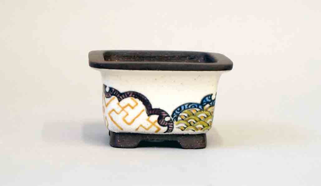 Ikko Square Bonsai Pot with the Painting of Japanese Traditional Pattern 2.6"(6.8cm)