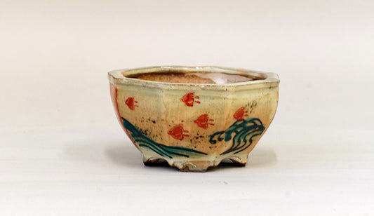 Gassan Octagonal Red Painting Pot with Sun & Chidori 3.7"(9.5cm) G161 +++ Shipping Free