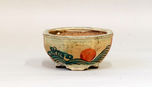 Gassan Octagonal Red Painting Pot with Sun & Chidori 3.7"(9.5cm) G161 +++ Shipping Free