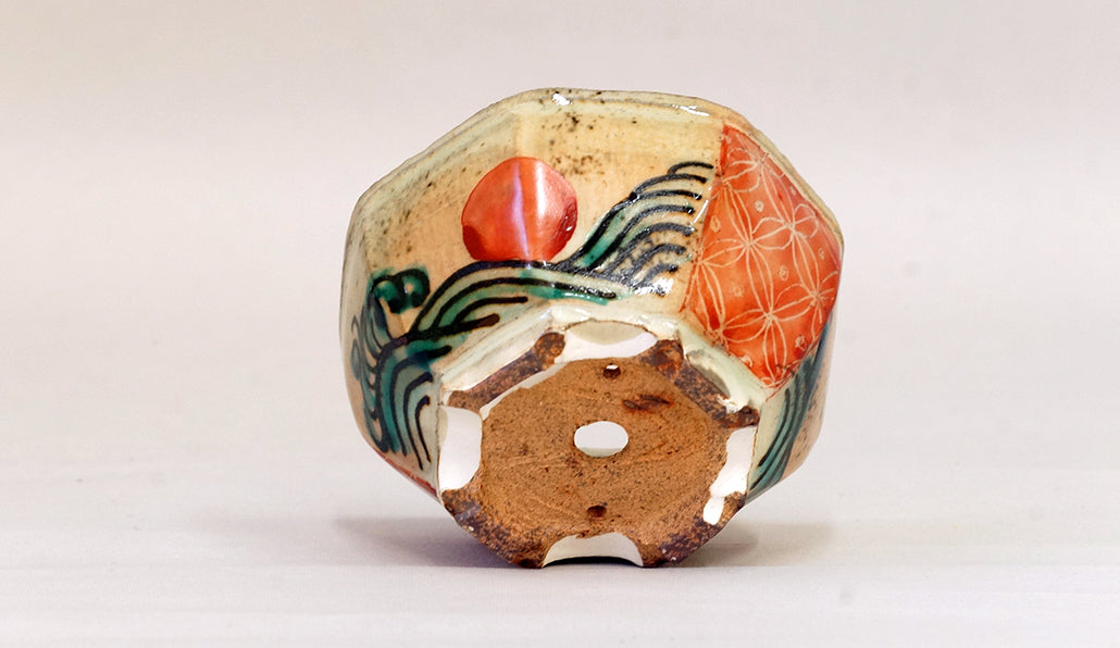 Gassan Octagonal Red Painting Pot with Sun & Chidori 3.7"(9.5cm) G161 +++ Shipping Free