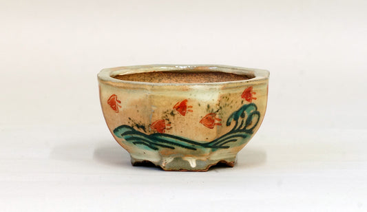 Gassan Octagonal Red Painting Pot with Chidori 3.7"(9.5cm) G163 +++ Shipping Free