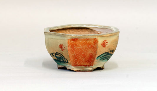 Gassan Octagonal Red Painting Pot with Chidori 3.7"(9.5cm) G163 +++ Shipping Free