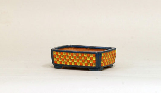 Kei Rectangle Bonsai Pot with Orange & Yellow checkered pattern 3.4"(8.7cm) K008 +++Shipping Free