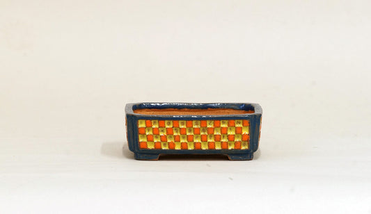 Kei Rectangle Bonsai Pot with Orange & Yellow checkered pattern 3.4"(8.7cm) K008 +++Shipping Free