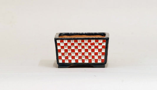 Kei Square Bonsai Pot with White & Red checkered pattern 2.9"(7.6cm) K010 +++Shipping Free