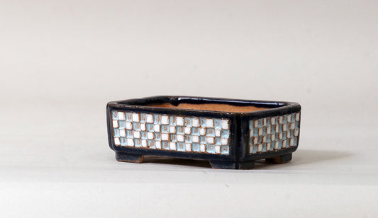 Kei Rectangle Bonsai Pot with White & Blue checkered pattern 3.4"(8.7cm) K011 +++Shipping Free