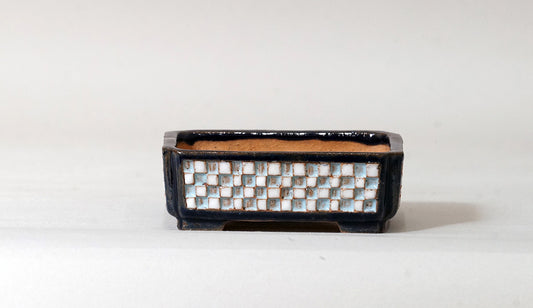 Kei Rectangle Bonsai Pot with White & Blue checkered pattern 3.4"(8.7cm) K011 +++Shipping Free