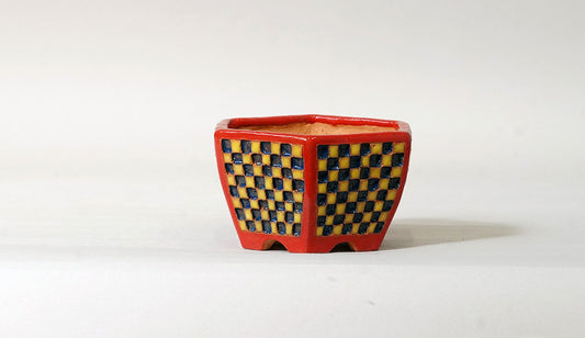 Kei Hexagonal Bonsai Pot with Yellow & Blue checkered pattern 3.5"(9cm) K013 +++Shipping Free