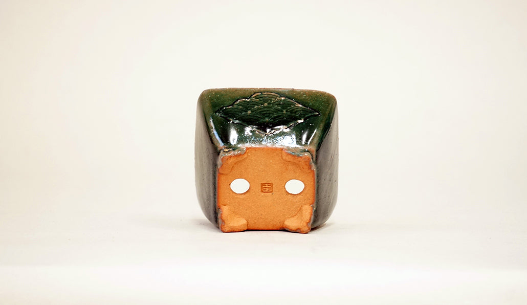 Kei Square Bonsai Pot with Seigaiha pattern in Oribe Glaze 2.7"(6.8cm) K022 +++Shipping Free