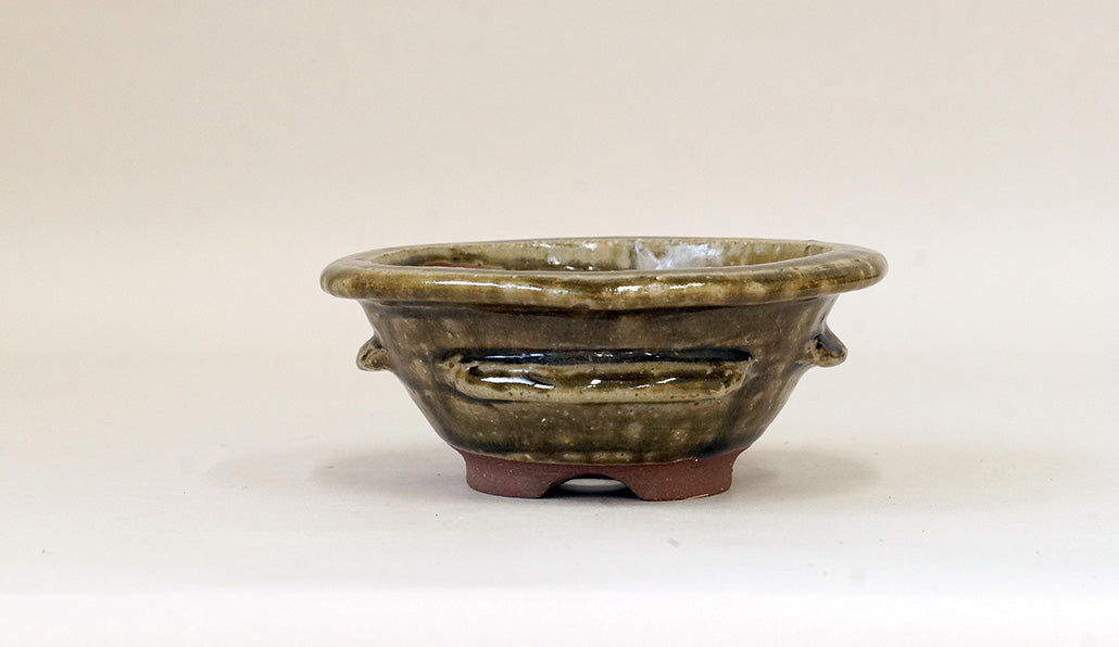 Toji Wood-Fired Bonsai Pot in Green Glaze 4.9"(12.5cm) T025 +++ Shipping Free