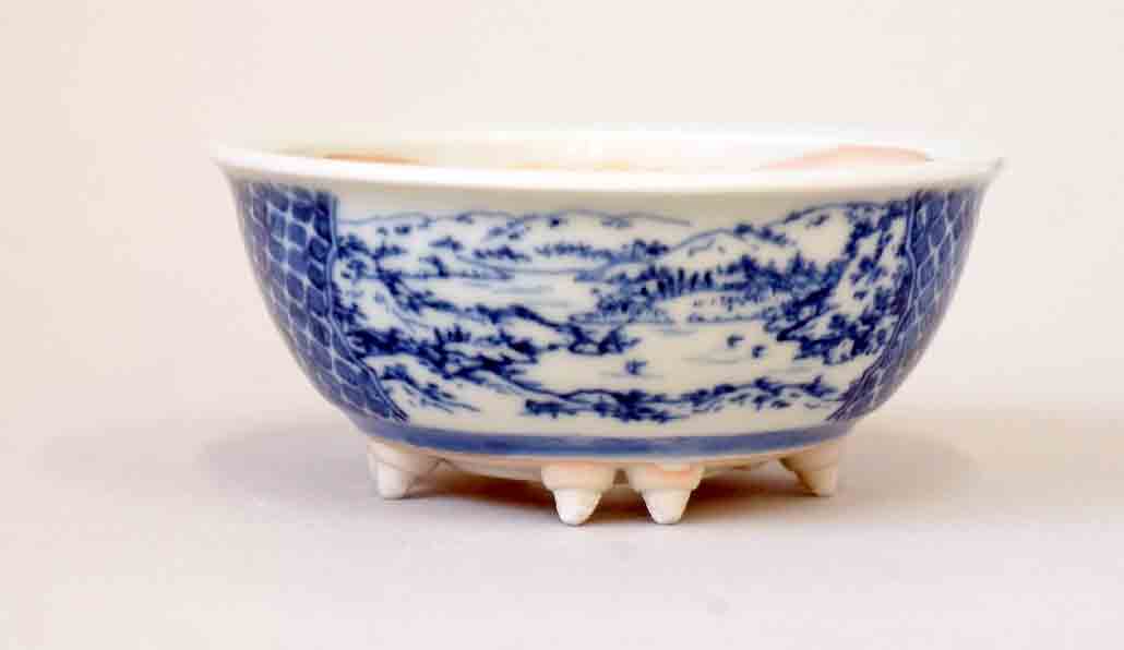 Gassan Round Bonsai Pot with Landscape & Dappled Pattern Painting 4.1"(10.5cm) +++Shipping Free