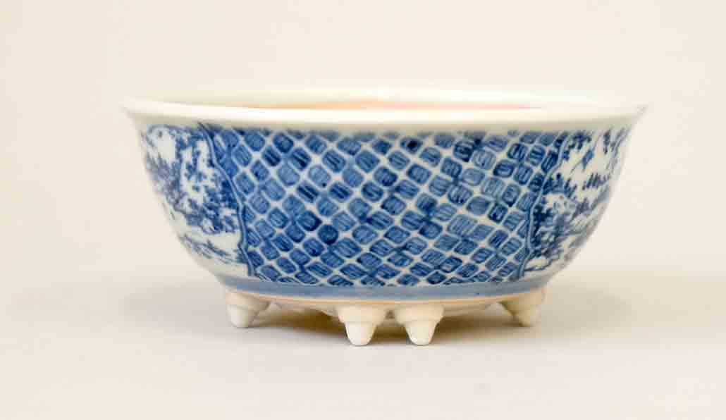 Gassan Round Bonsai Pot with Landscape & Dappled Pattern Painting 4.1"(10.5cm) +++Shipping Free