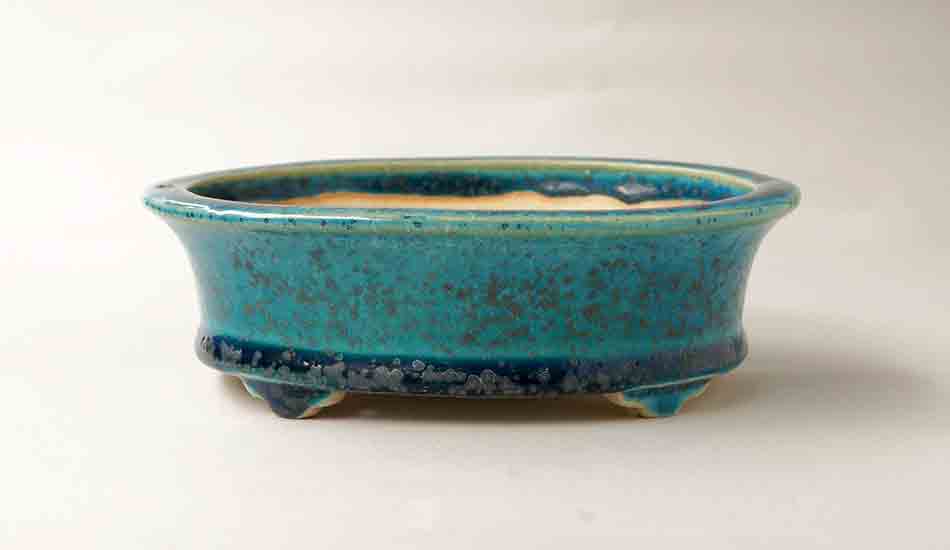 Juko Oval Bonsai Pot in Blue Oribe Glaze