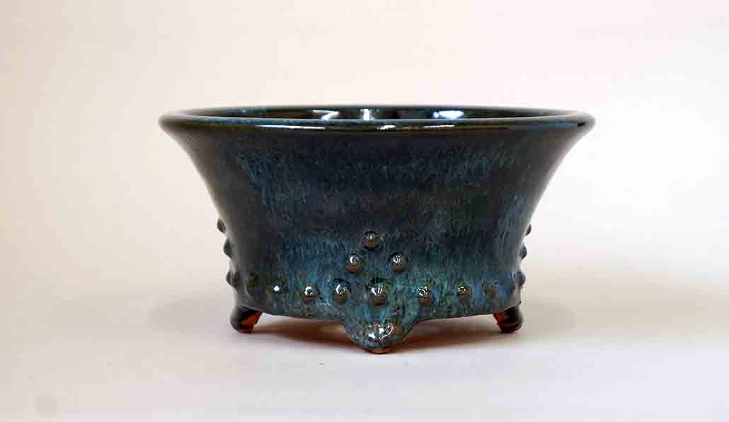 Round Pot in Rivet Design, Running Oribe Glaze by Shuuhou 6"(15.5cm)+++Shipping Free
