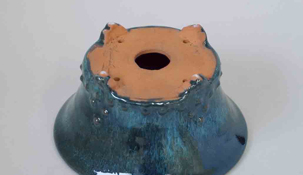 Round Pot in Rivet Design, Running Oribe Glaze by Shuuhou 6"(15.5cm)+++Shipping Free