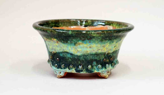 Bonsai Pot in Rivet Design, Running Green Glaze by Shuuhou 6"(15.5cm)+++Shipping Free