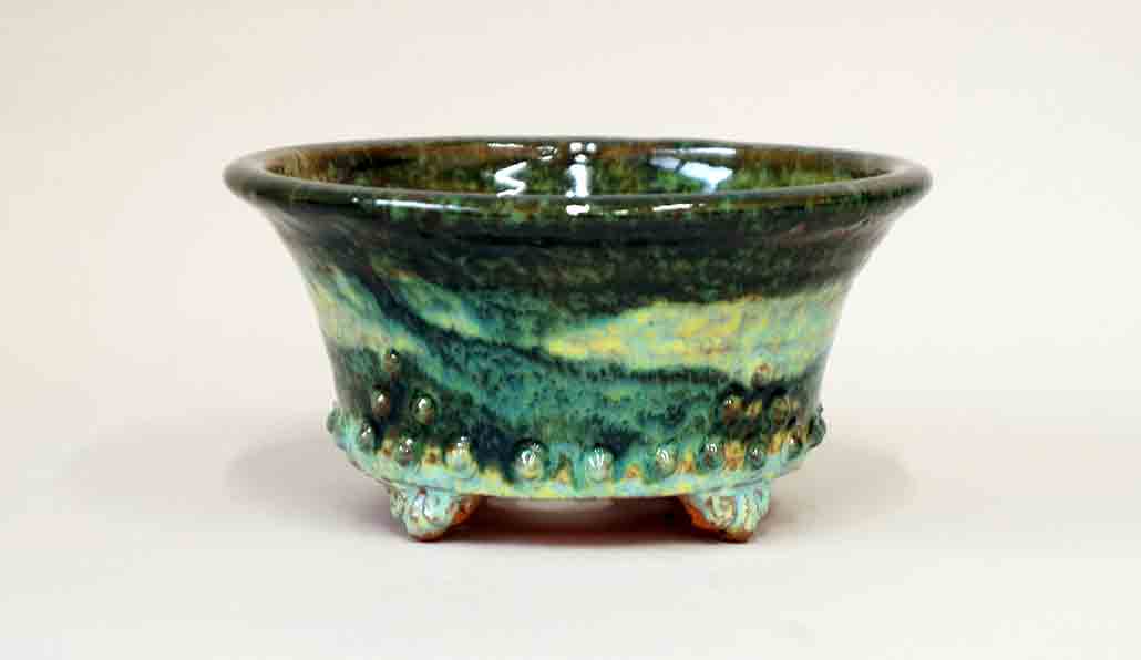 Bonsai Pot in Rivet Design, Running Green Glaze by Shuuhou 6"(15.5cm)+++Shipping Free