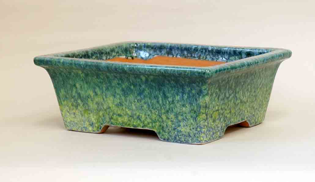 Rectangle Bonsai Pot with Rim in Blue, Green & Yellow Glaze by Shuuhou 9.7"(24.8cm)
